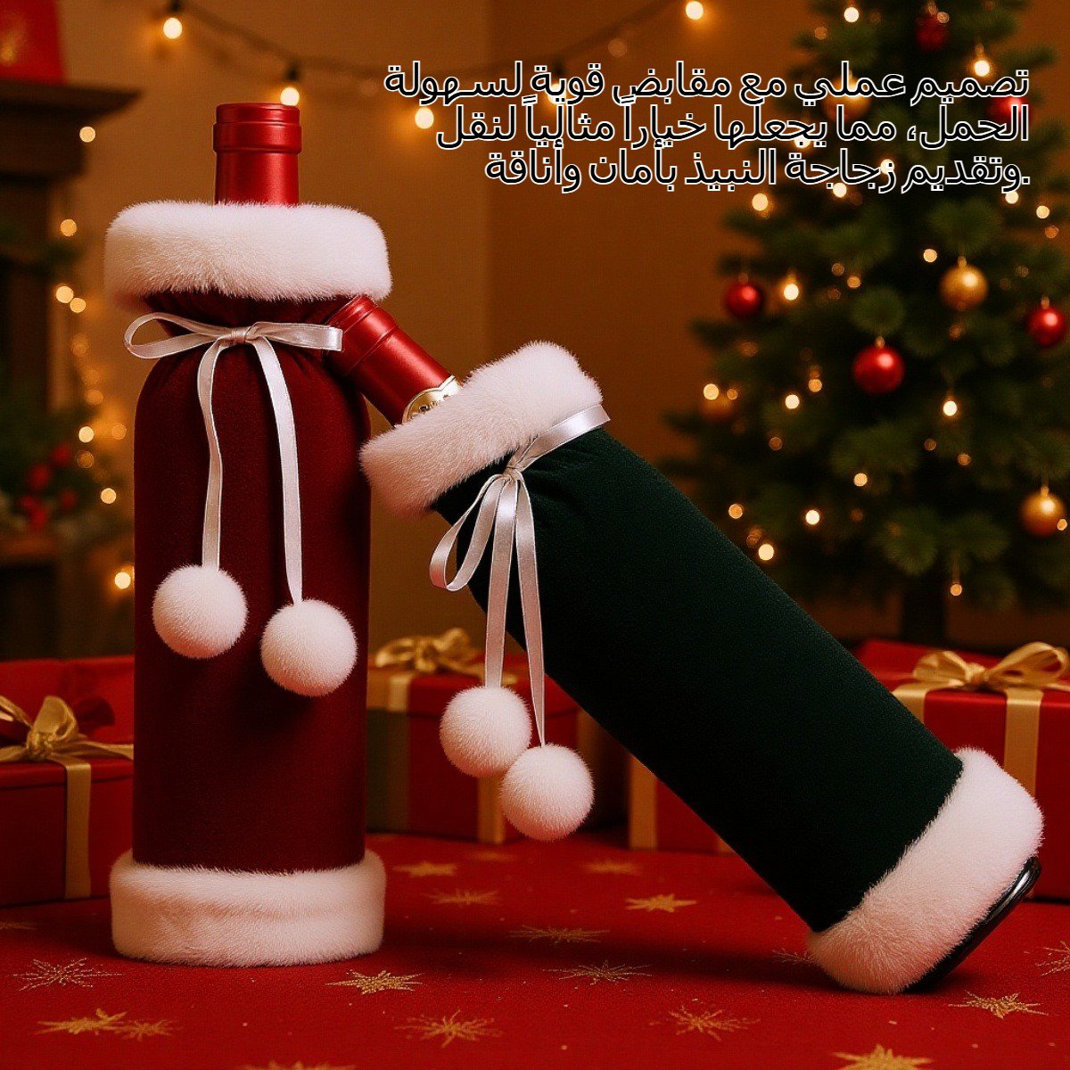 تغليف هدية زجاجة نبيذ بموضوع عيد الميلاد