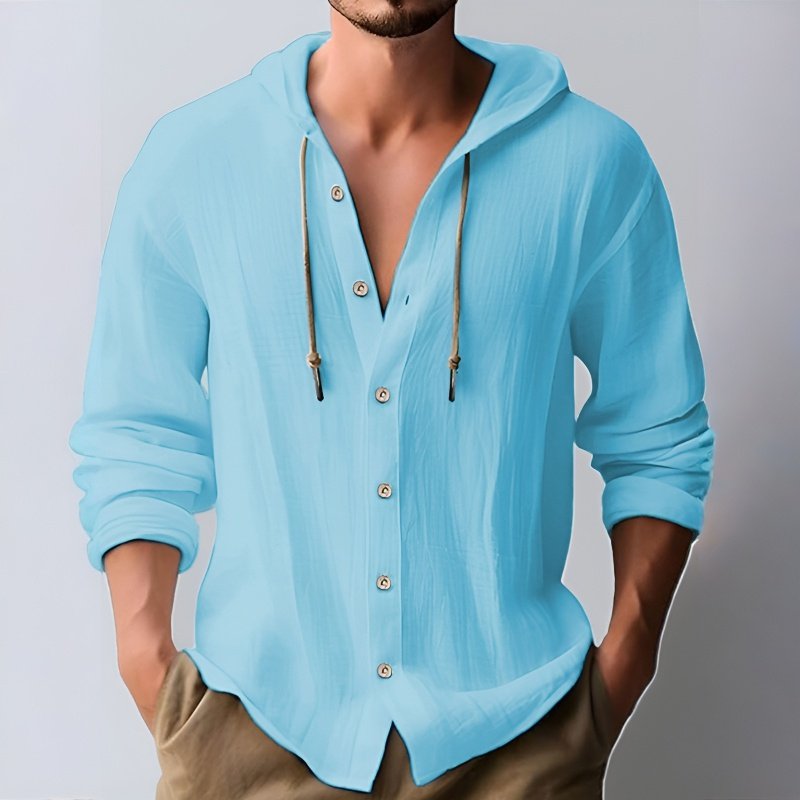 メンズフード付きTシャツ、無地、コットンリネン、メンズカジュアル長袖トップス