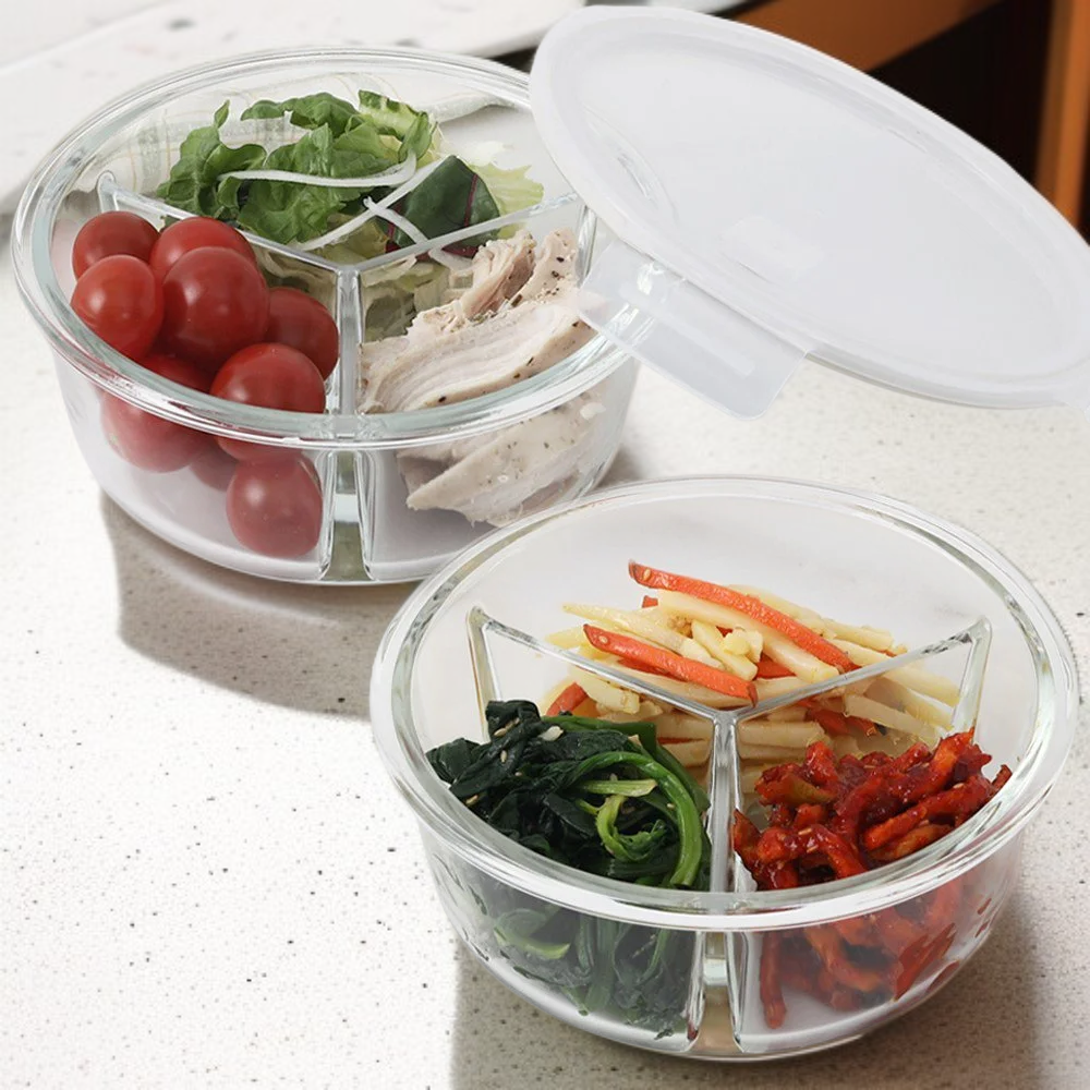 حاوية مقسمة للطعام من الزجاج المقاوم للحرارة (دائرية، 3 أقسام، 2 قطعة)
