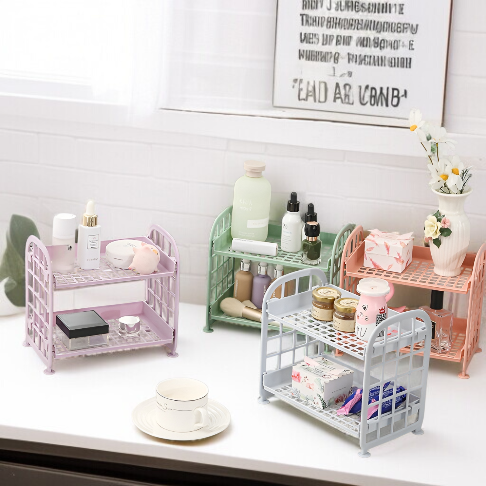 デスクトップ化粧品ジュエリーラック二層折りたたみ収納ラックシンプルな家庭用デスクトップバスルーム収納ラック