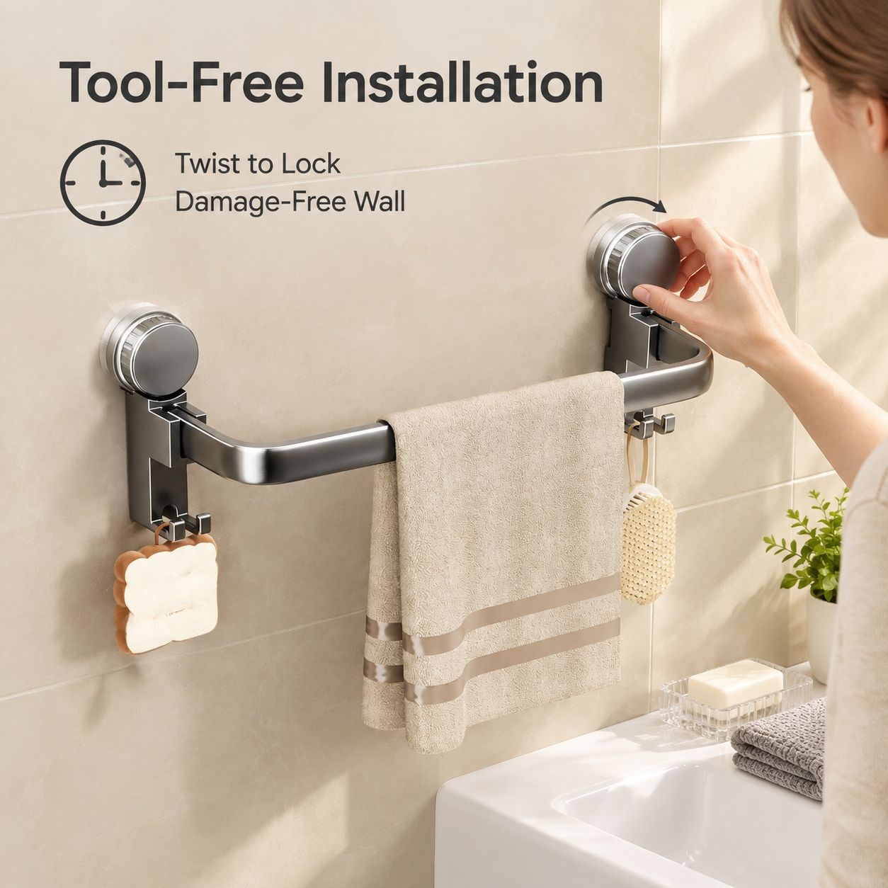 Gun Grey Carbon Steel Suction Cup Towel Bar Wall Mounted Punch-Free Bathroom Towel Rack