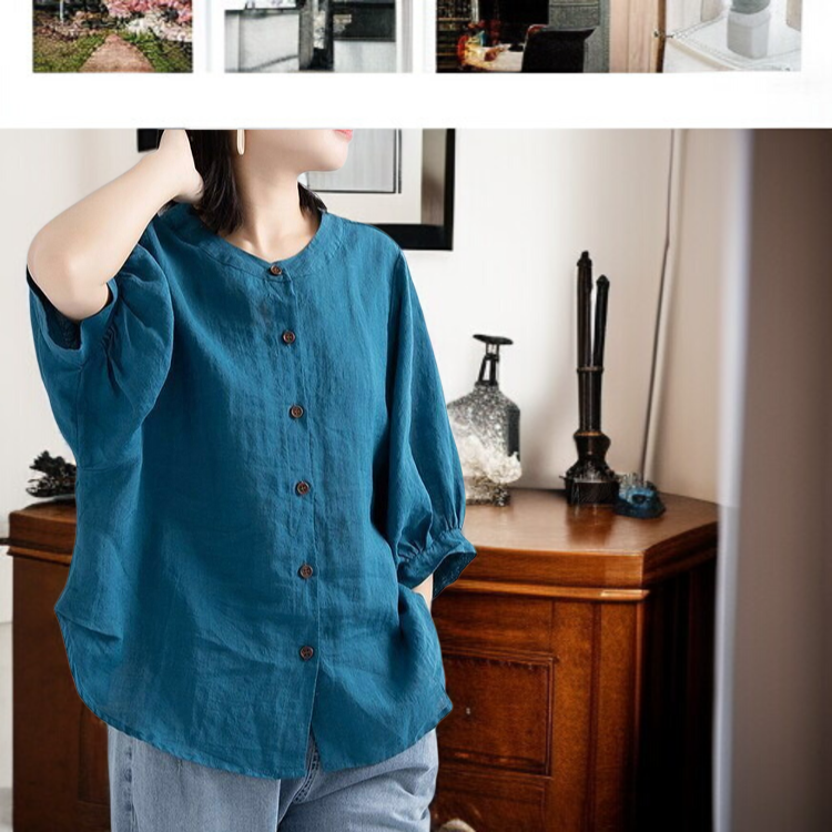 여성 빈티지 문예 벌룬 소매 셔츠 빅사이즈 루즈핏 반팔 셔츠 상의 여성 루즈핏 셔츠