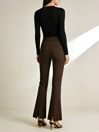 Retro-moderne braune, leicht ausgestellte 9/8-Hose mit Schlitz