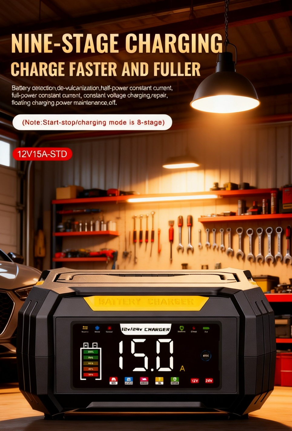 Fast charging 12V battery charger for cars and motorcycles