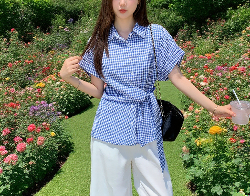 트렌디한 체크 반팔 셔츠 착용샷