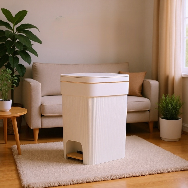 Cubo de basura de gran capacidad junto a muebles contemporáneos