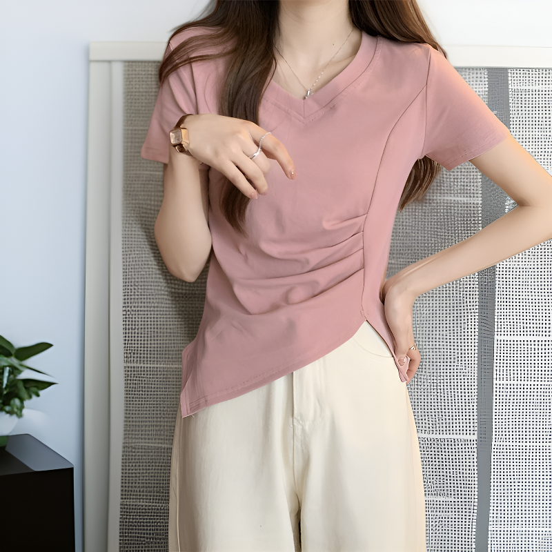 夏の新作ベーシックVネックウエストスリット綿半袖Tブラウス