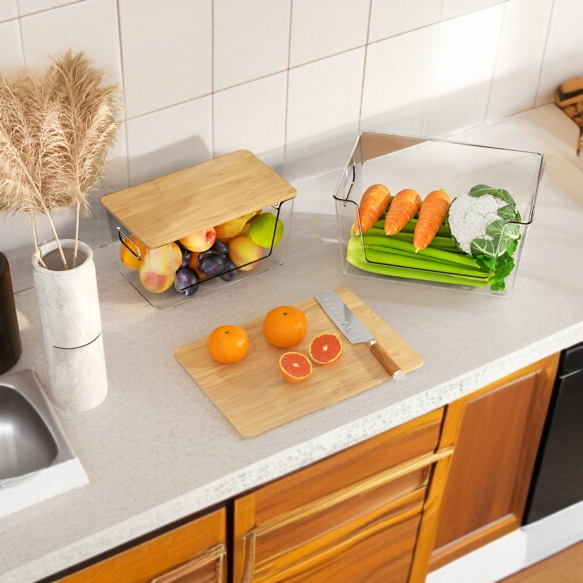 멀티 데스크 라지 수납함 대용량 다용도 가정용 투명 대나무 뚜껑 수납함