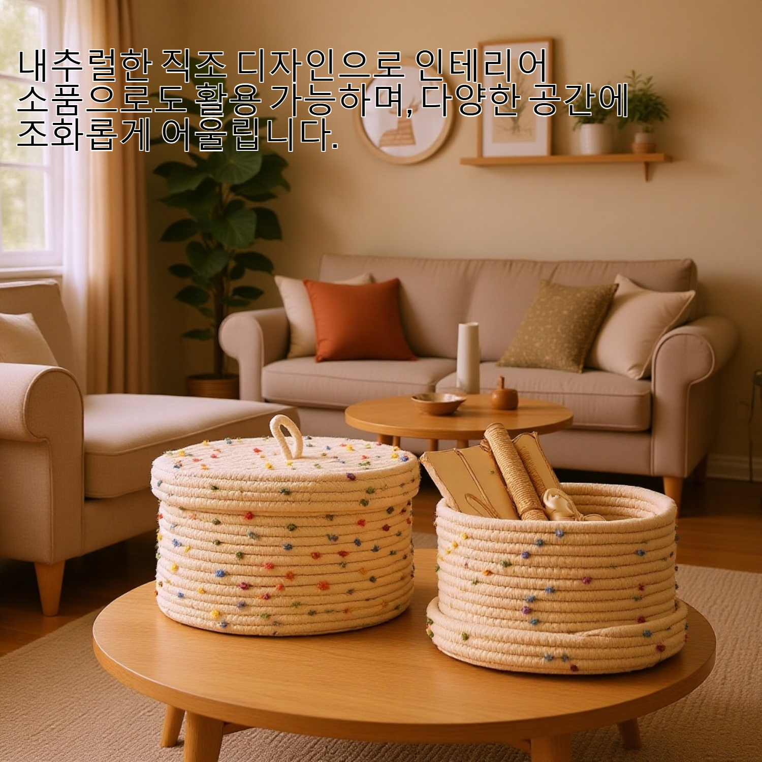 뚜껑이 있는 둥근 직조 수납 바구니