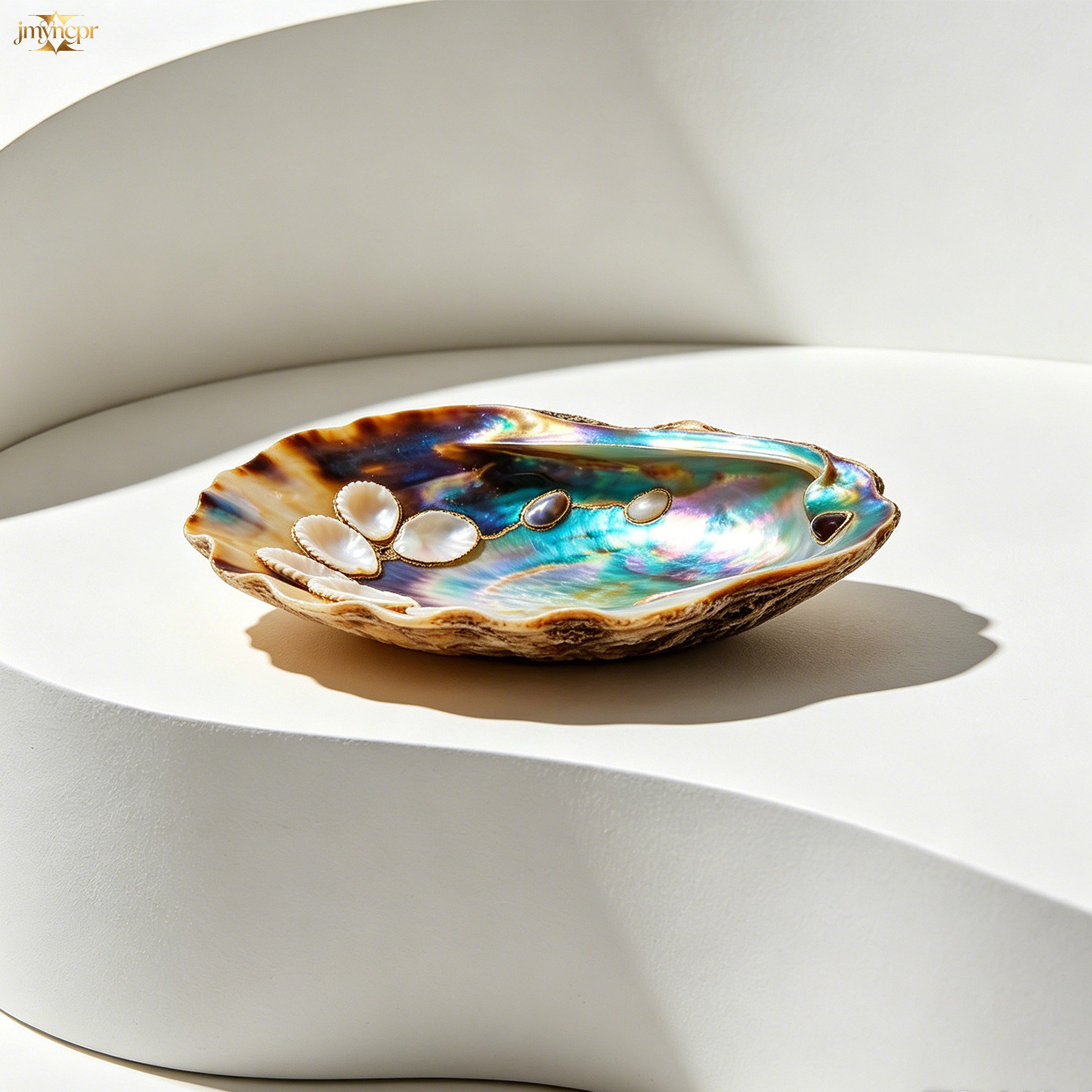 Close-up of handcrafted shell inlay plate design
