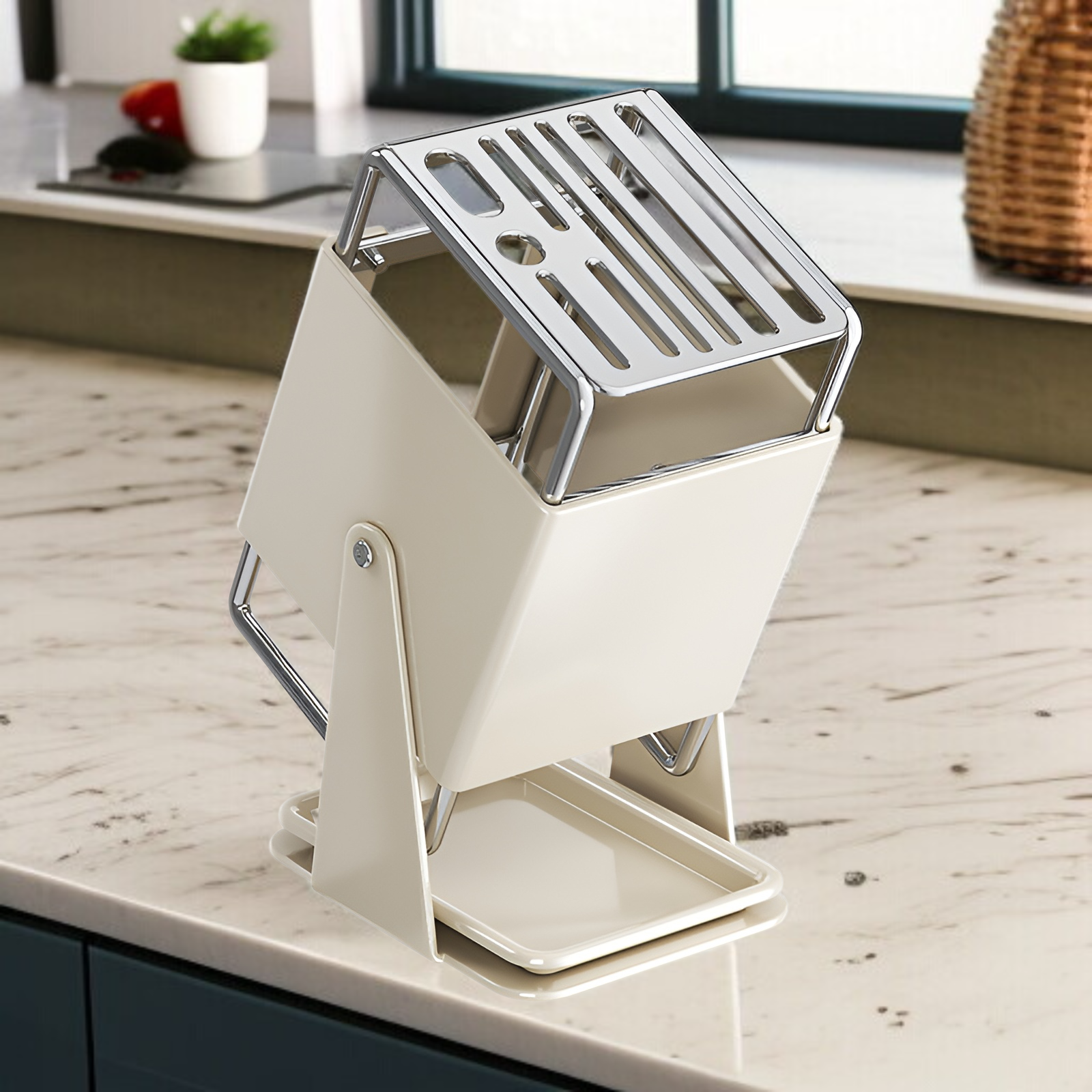 キッチンカウンタートップ回転式ナイフラックオープン家庭用収納ラック水トレイ付き新スタイル収納キッチンナイフラック