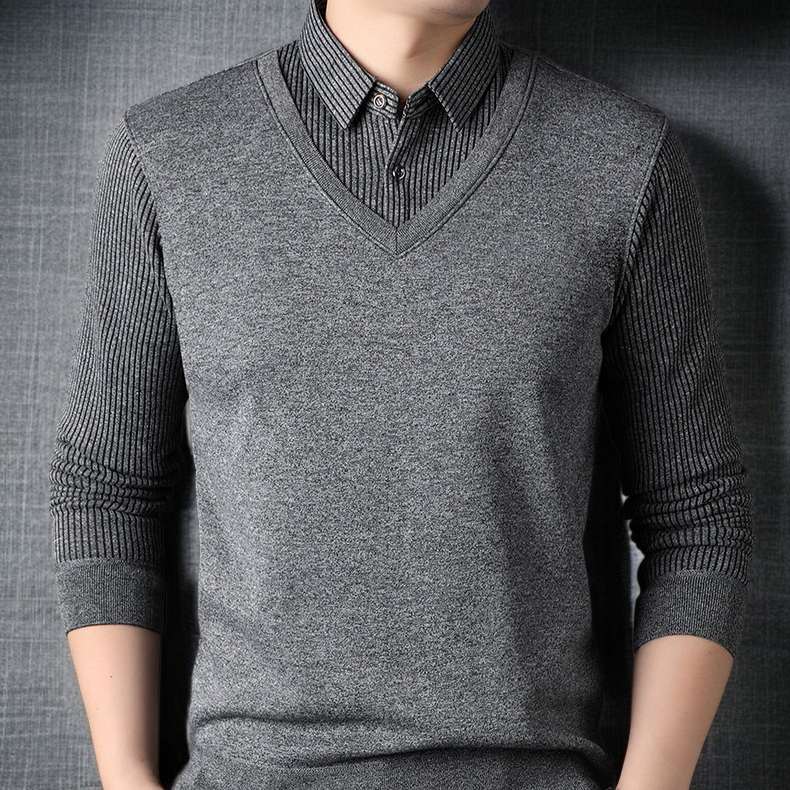 남자 겨울 니트 셔츠 가짜 투피스 기모 도톰 니트 셔츠 솔리드 스트라이프 니트 셔츠