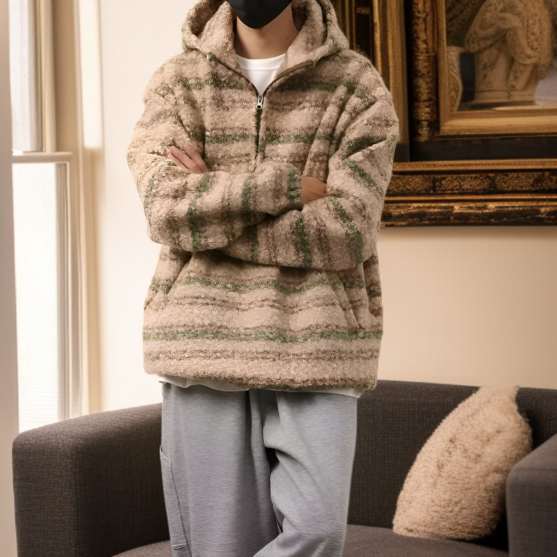  メンズ トレンドのストライプ柄ルーズウールコートとレトロルーズニット