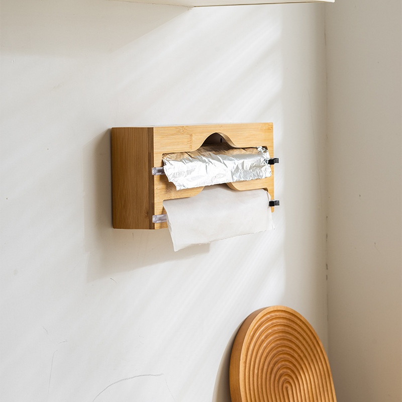 廚房多格保鮮膜分割器竹製收納盒