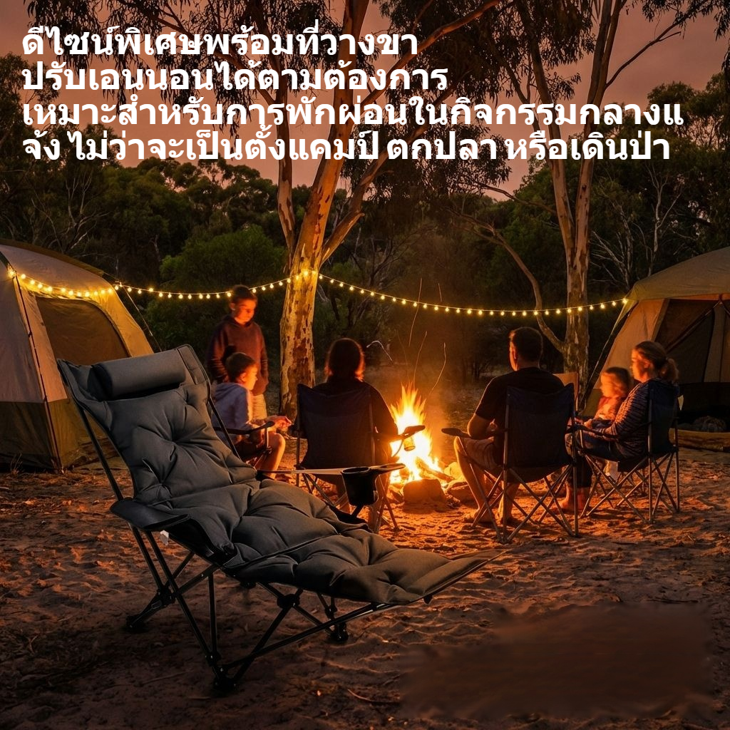 เก้าอี้พักผ่อนพับได้สำหรับตั้งแคมป์กลางแจ้ง บุเบาะนุ่ม พร้อมที่วางขา