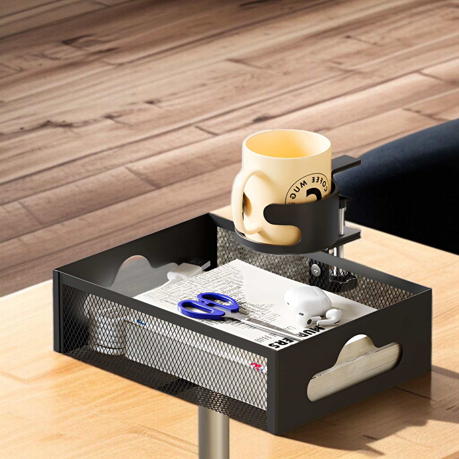 デスク下ケーブル管理ラック、ドリル不要のメッシュバスケットケーブルオーガナイザー、電源タップホルダー、デスク下ケーブル管理カップホルダー