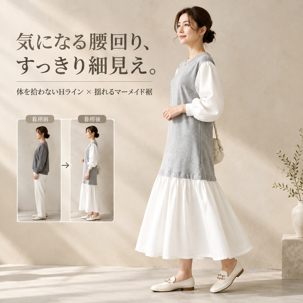 日系スタイル配色ベルスリーブワンピース・春秋用