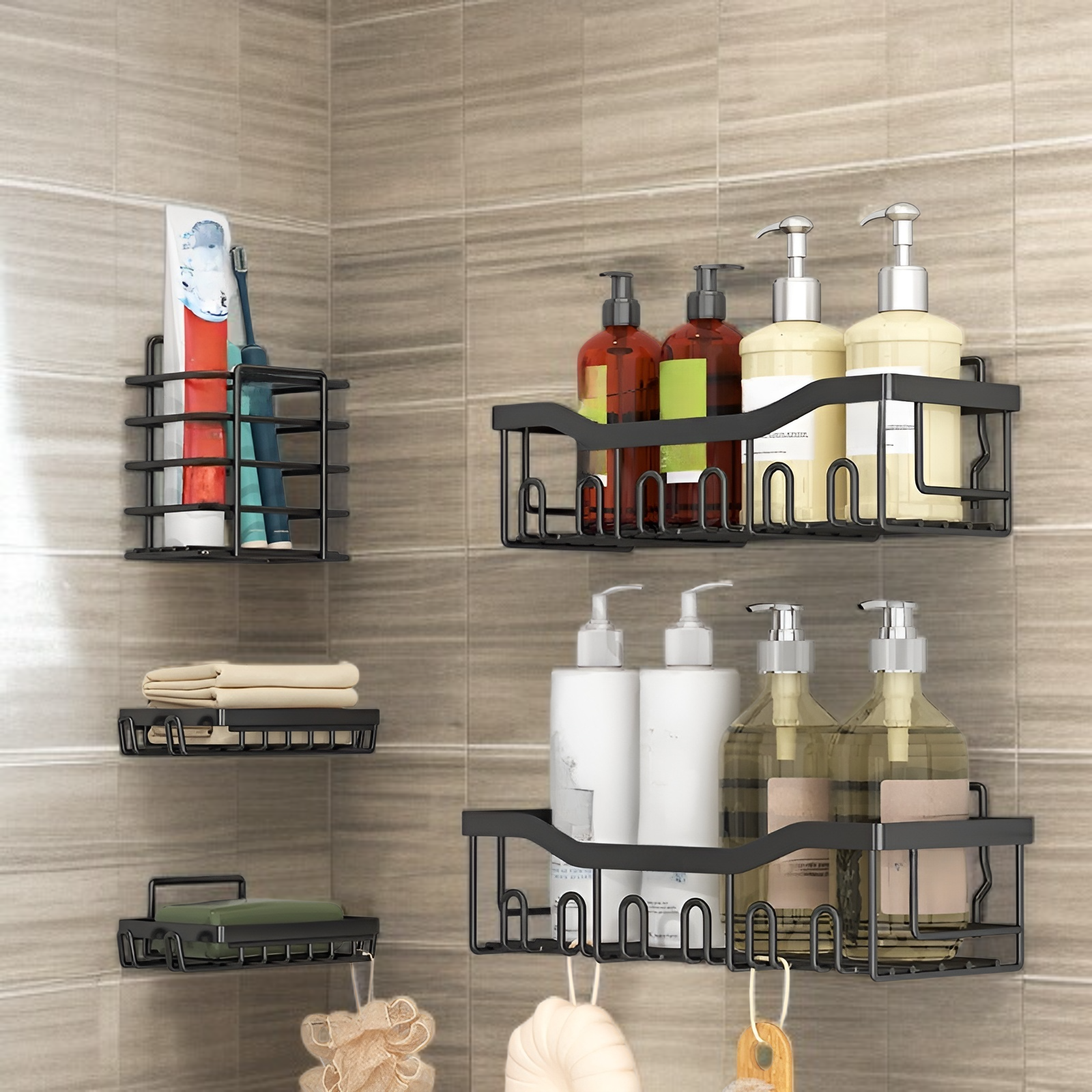 Modern bathroom rack with adhesive mounting