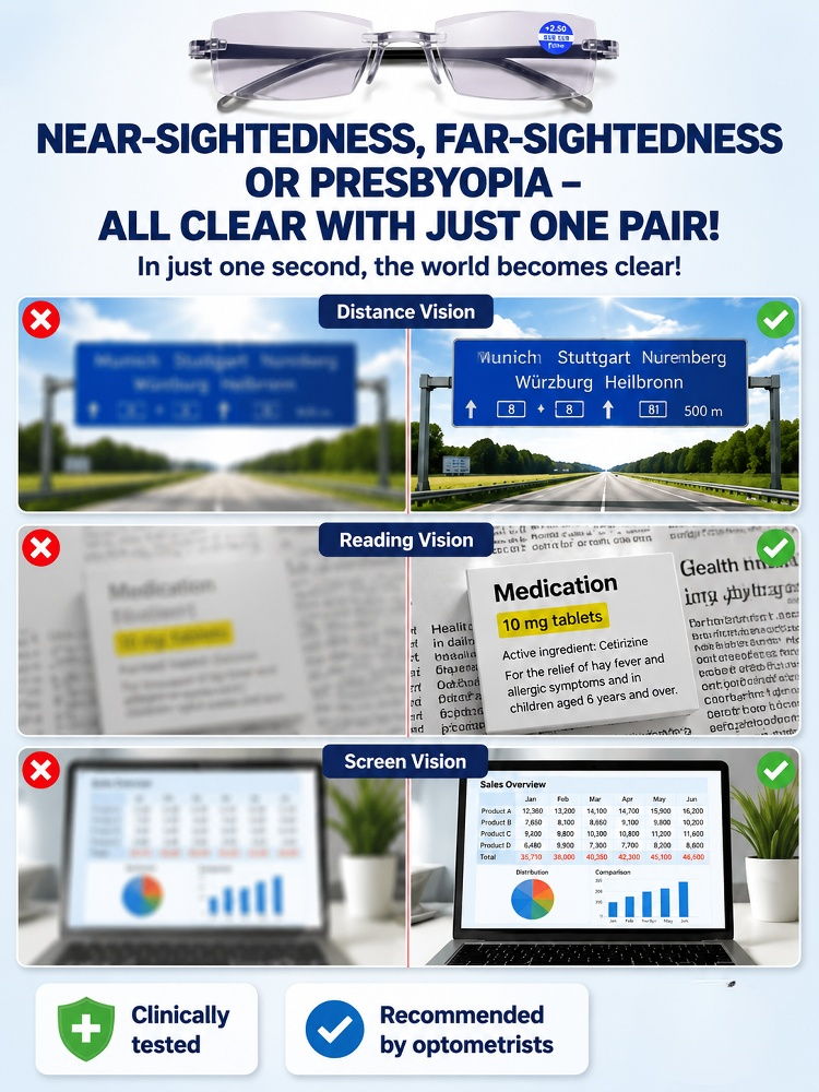 0.01s Auto-Focus Progressive Glasses +1.00~+7.00D Stepless for Reading & Driving