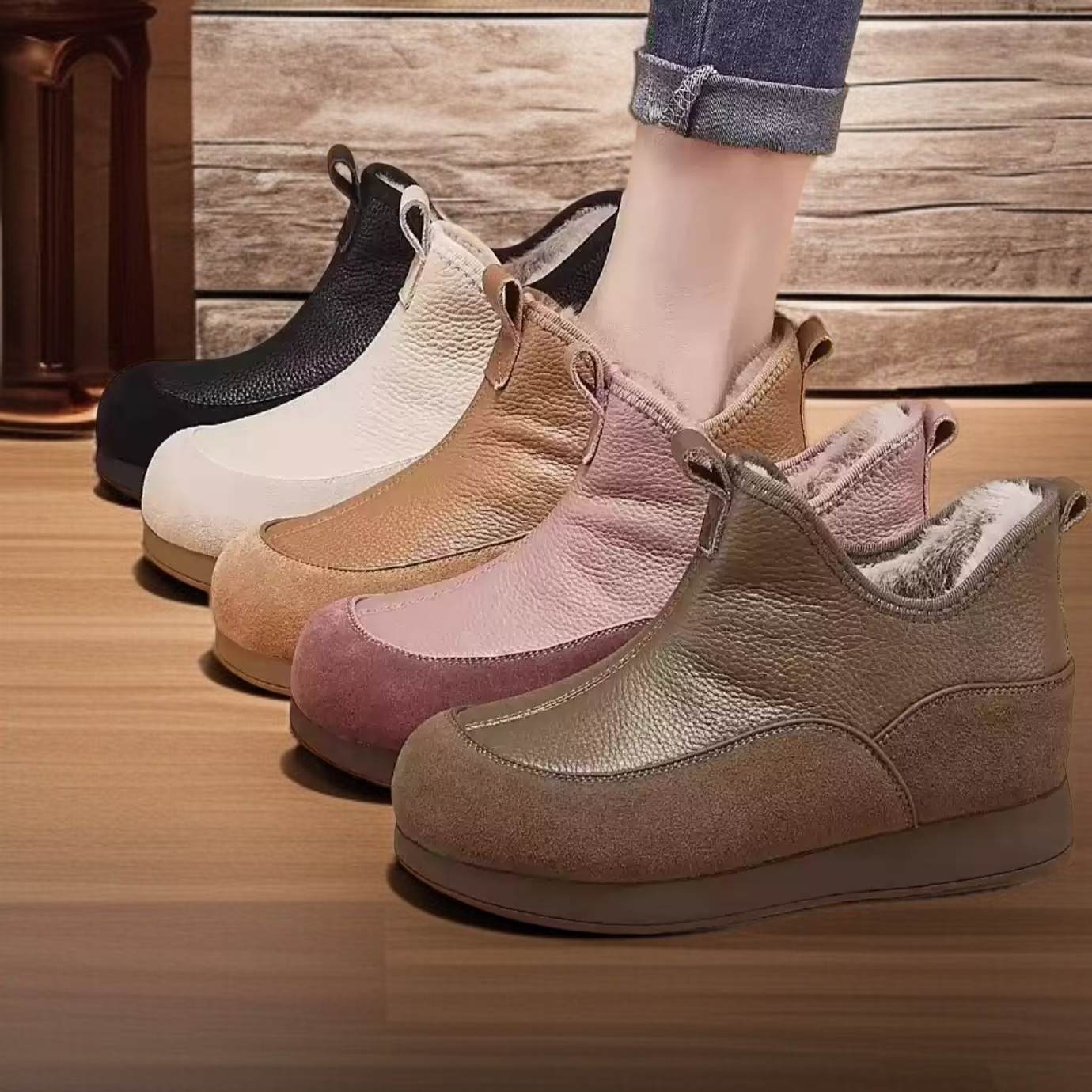 중장년층 융털 도톰한 둥근 머리 보온 소프트 가죽 겨울 앵클 부츠 플랫 미끄럼 방지 둥근 머리 스노 부츠