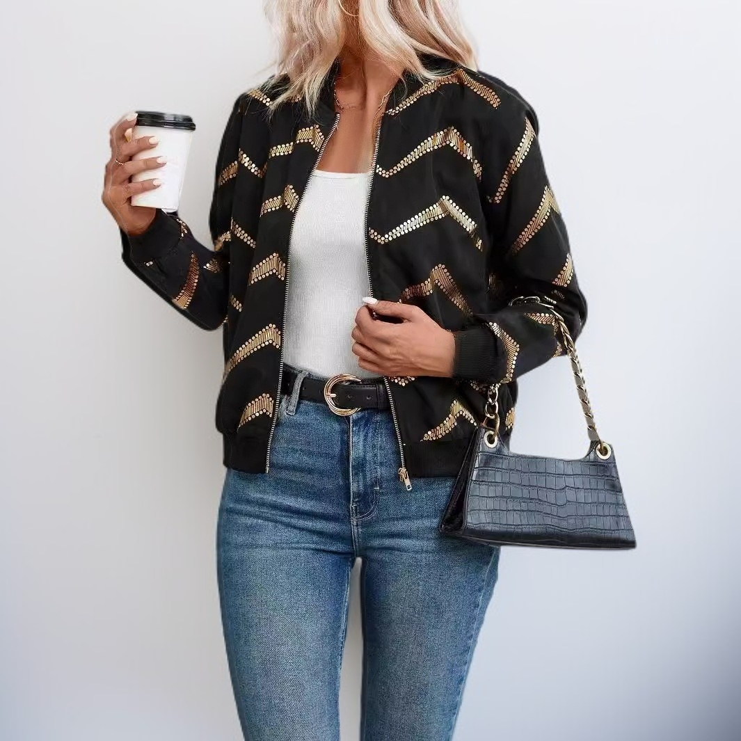 ゴールド箔プリントとジップアップの長袖が特徴のレディースボンバージャケット