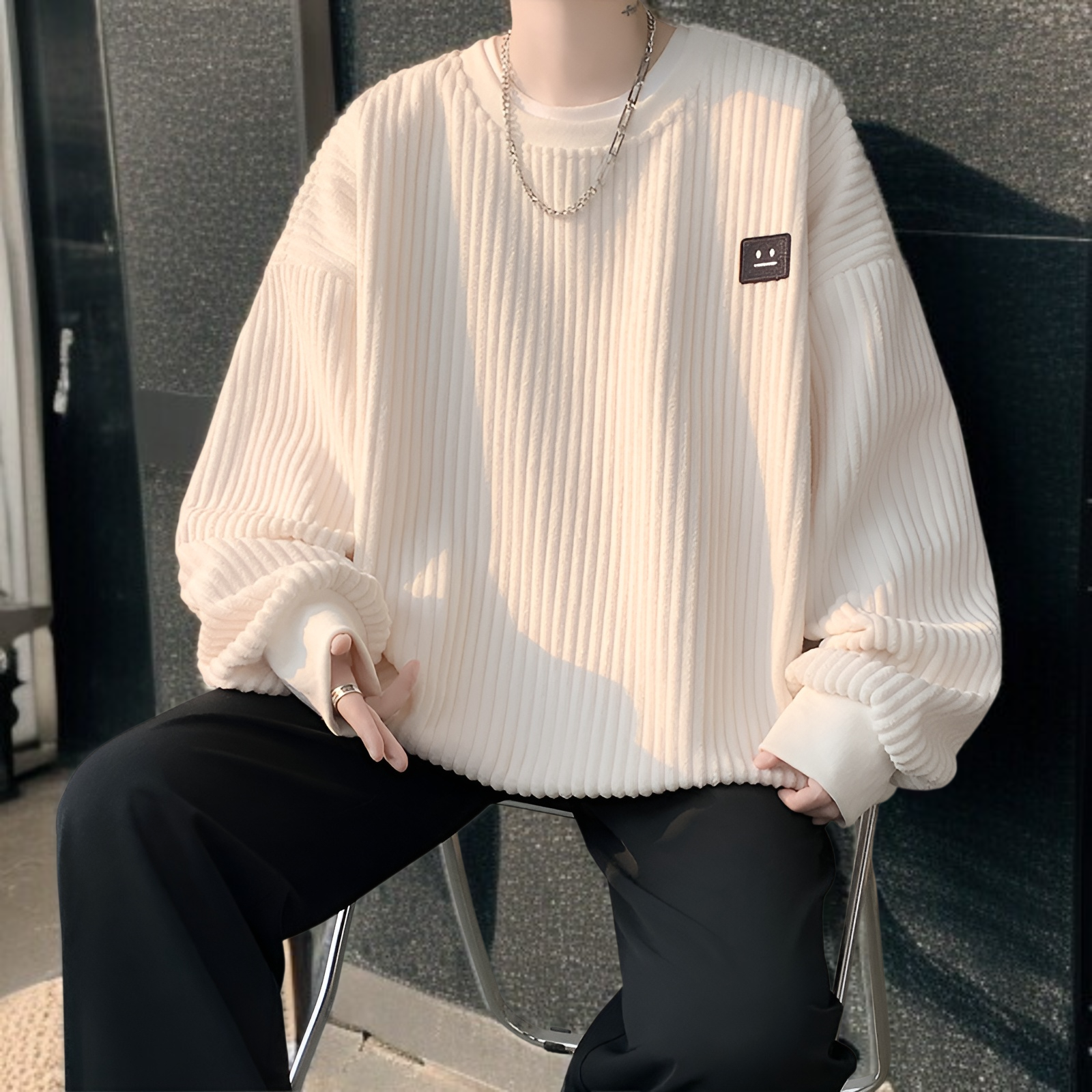 新しいメンズカジュアルスウェットシャツ 和風コーデュロイ ラウンドネック スウェットシャツ プラスベルベット 厚手スウェットシャツ メンズジャケット