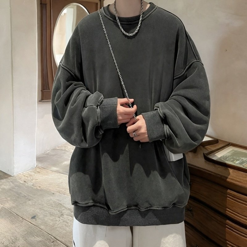 Batik-Rundhals-Sweatshirt für Herren im Frühling und Herbst, gewaschenes und abgenutztes amerikanisc