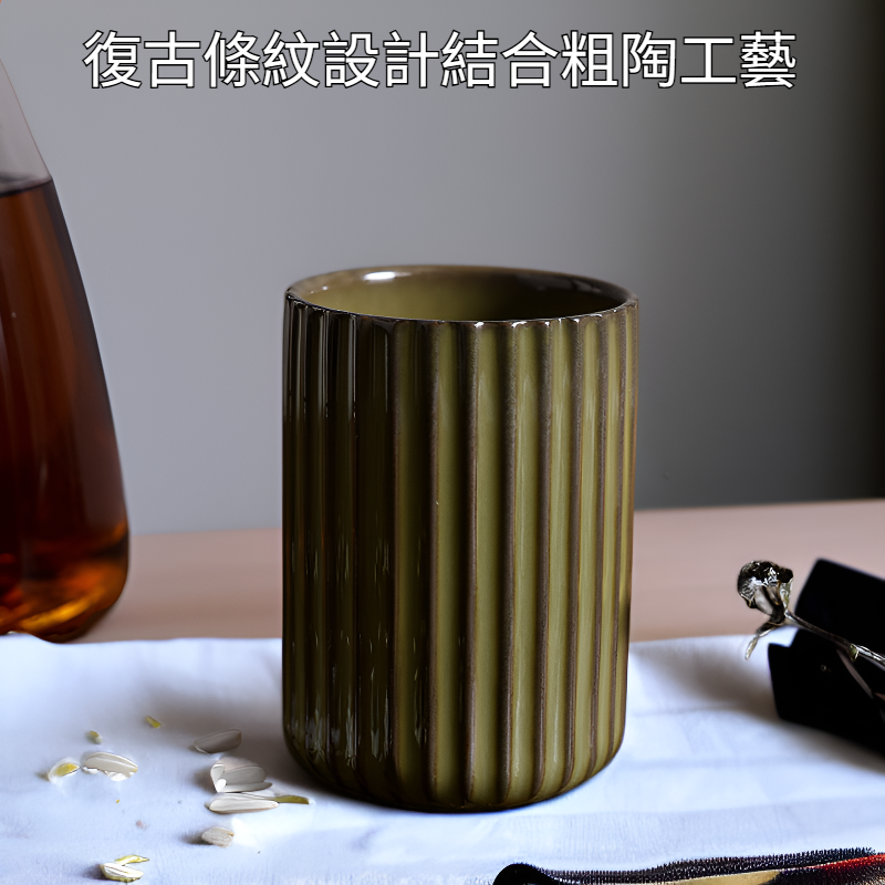 復古條紋陶瓷茶杯個性酒杯粗陶咖啡杯