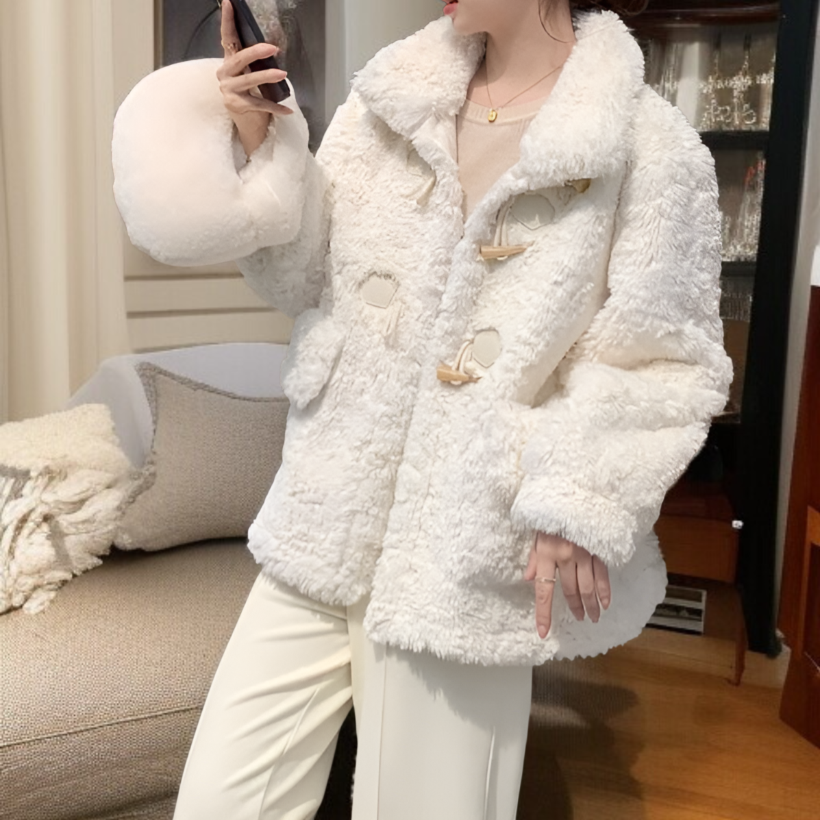 羊羔毛一体型ダッフルコート レディース 防風 保温 フェイクレザー 秋冬厚手アウター