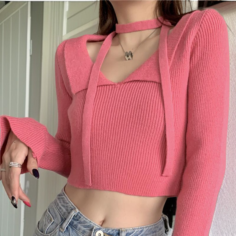 니트 여 퓨어 숏 슬림핏 긴팔 상의 니트 여자 쇼트 슬림 긴팔 톱