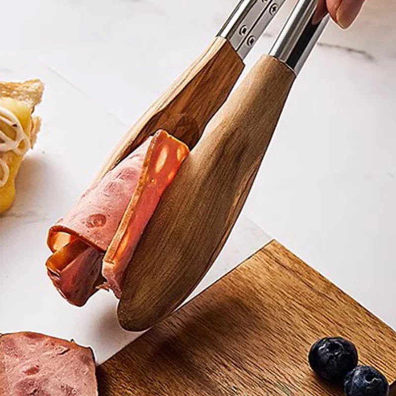 Pinzas de alimentos de madera de acero inoxidable