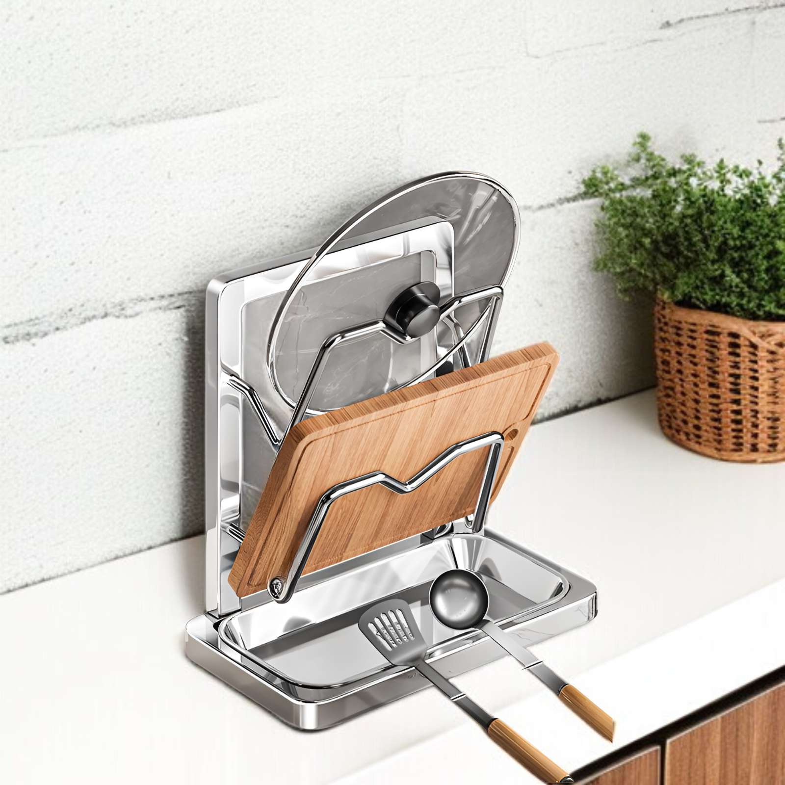 立て型鍋蓋＆調理器具ラック、スペース節約収納スタンド