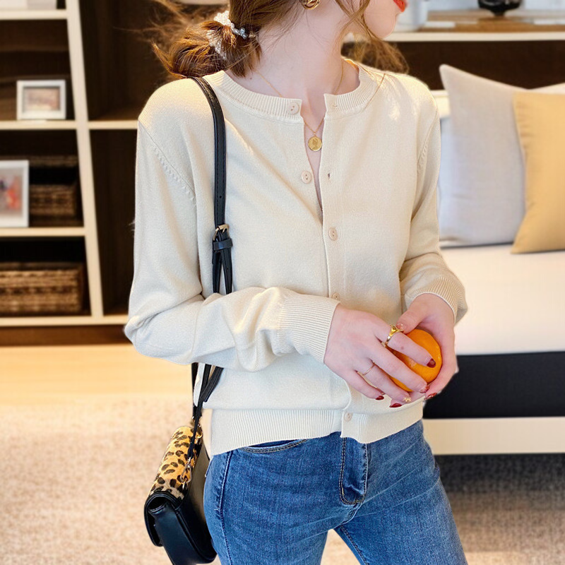 추동 아우터 여자 블랙 얇은 니트 카디건 니트 코트 긴팔 상의 라운드넥 여성 아우터 니트