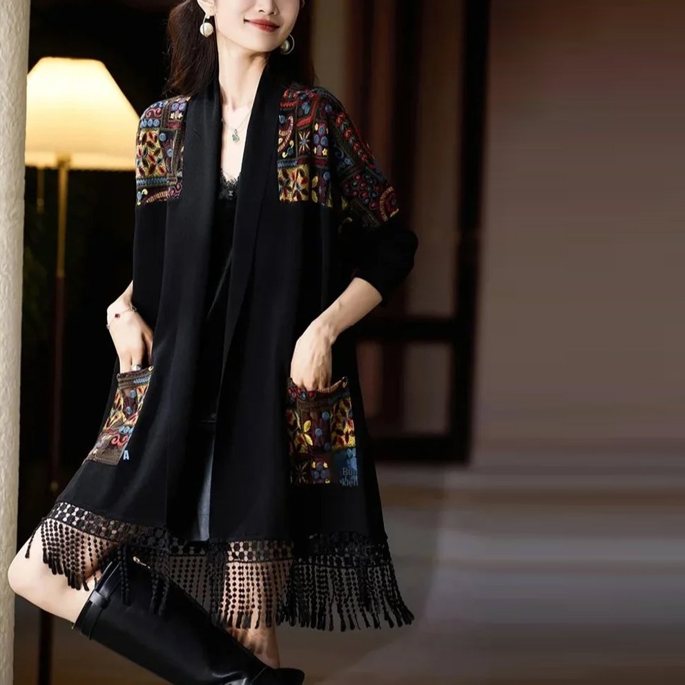 패션 슬림핏 배색 프린지 숄 가디건 아우터