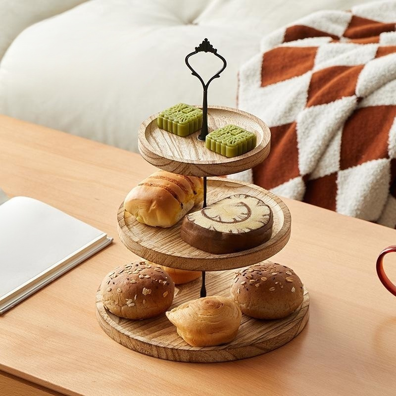 Présentoir à desserts rond à deux niveaux en bois