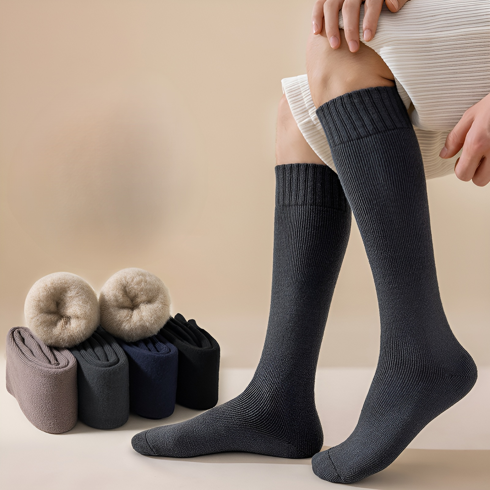 Calcetines largos térmicos con forro de borrego para proteger las rodillas en invierno