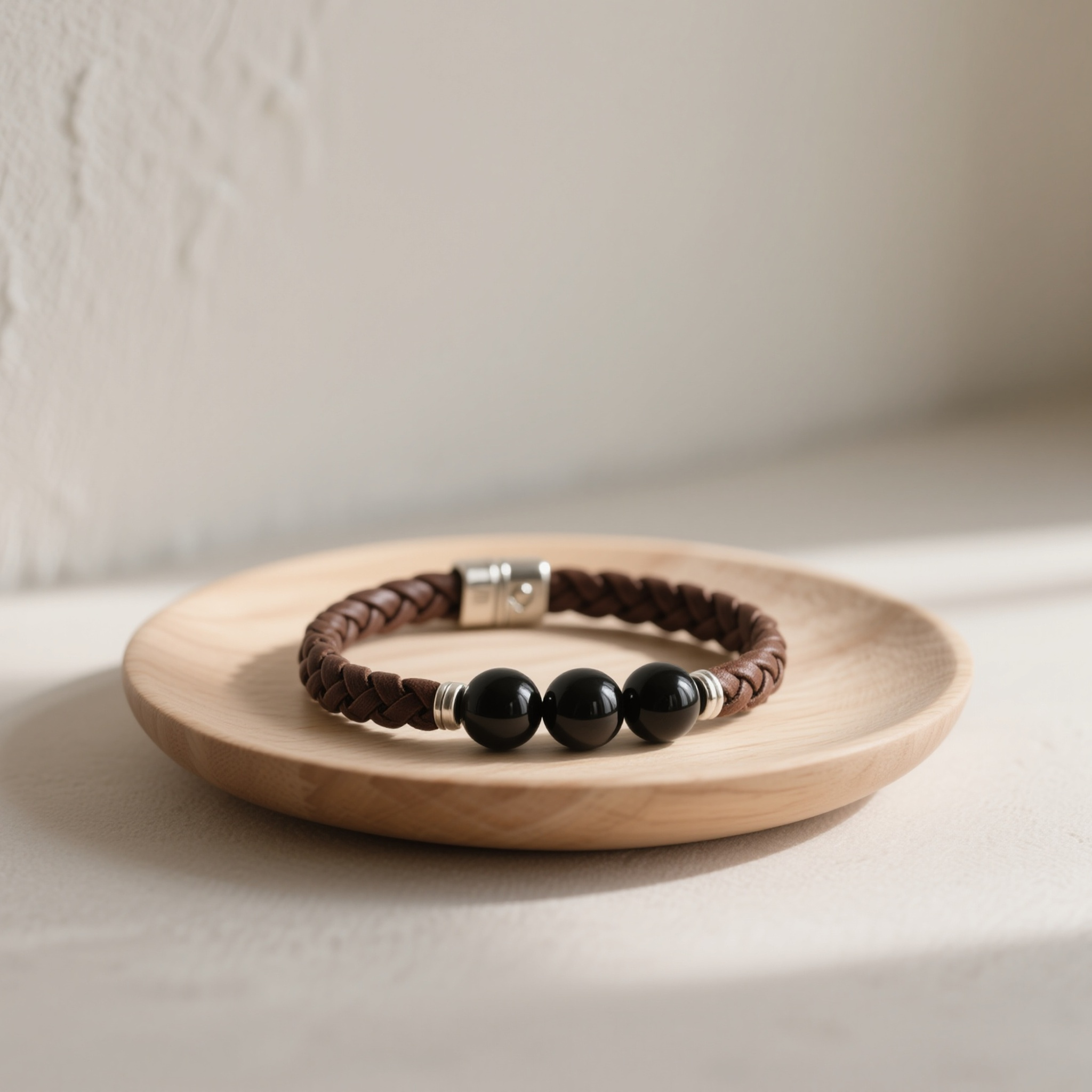 트렌디 흑요석 가죽 액세서리 팔찌