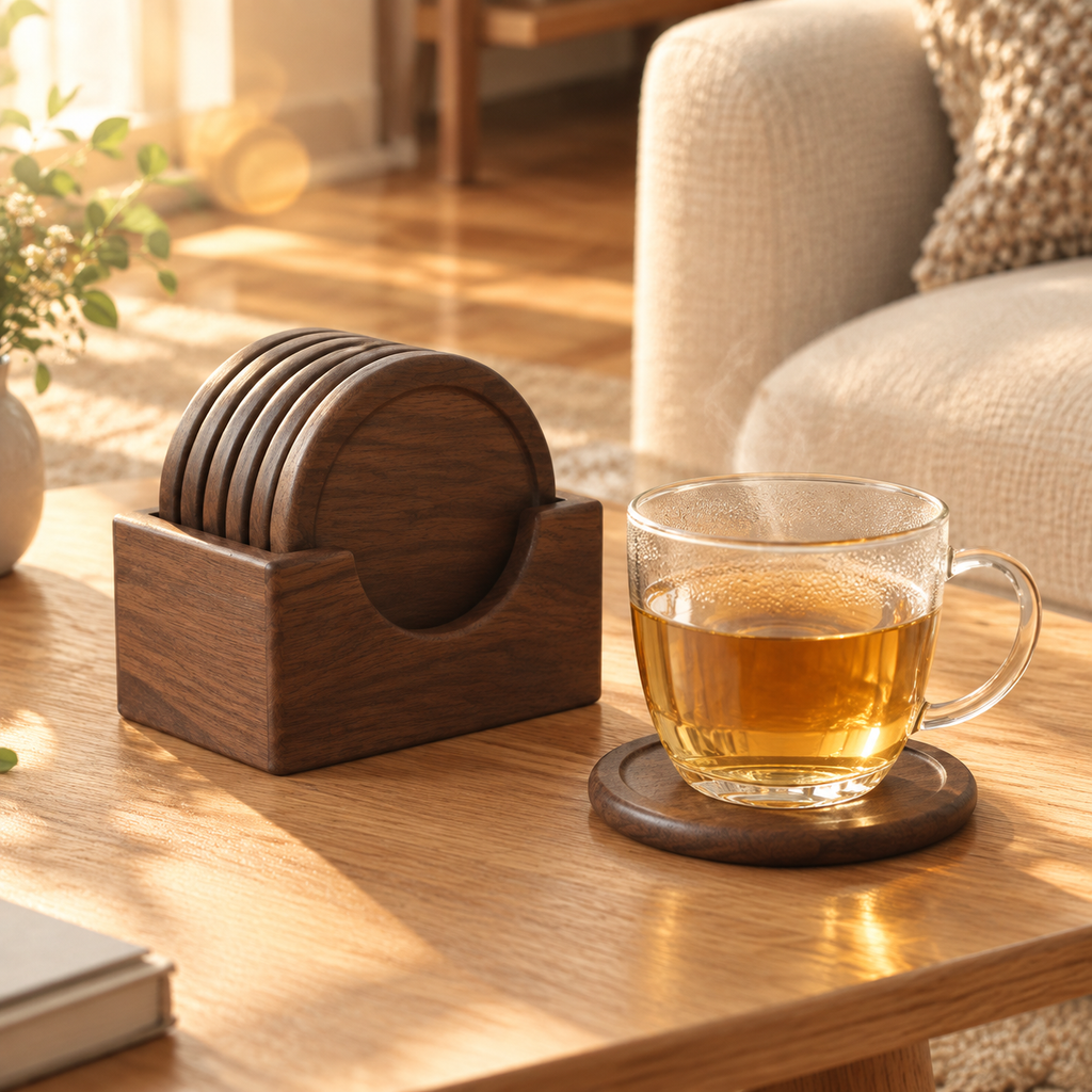 Japanese-style wooden round coaster set
