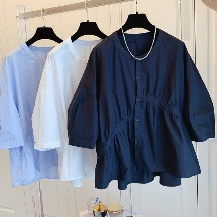 設計感不對稱褶皺寬鬆棉布娃娃衫上衣