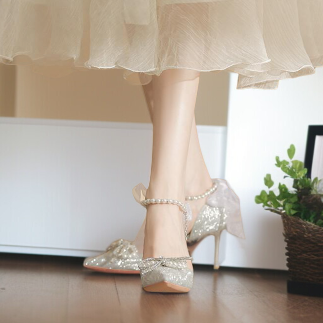 성인 신부 굽 낮은 힐 실버 크리스털 스틸레토 단화 스틸레토 힐 스니커즈