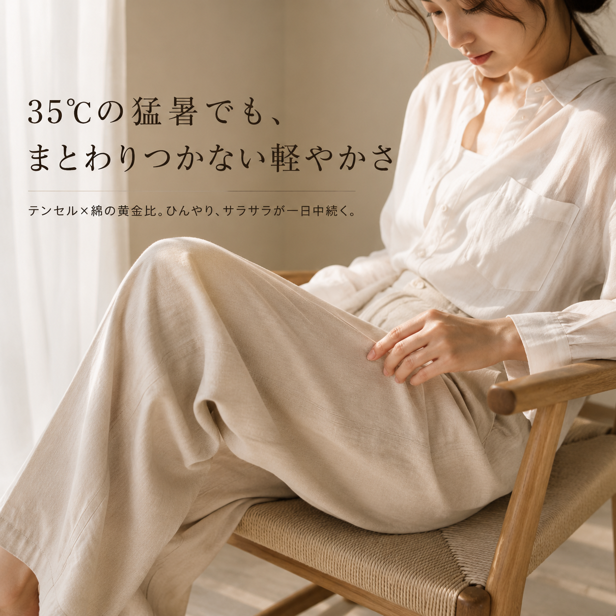 テンセルコットン混紡レディース夏用ゆったりワイドパンツ