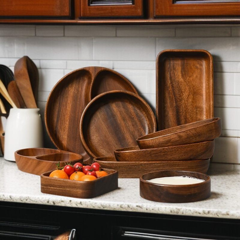 Walnut fruit plate solid wood round salad bowl plate dinner plate household fruit plate wooden tray