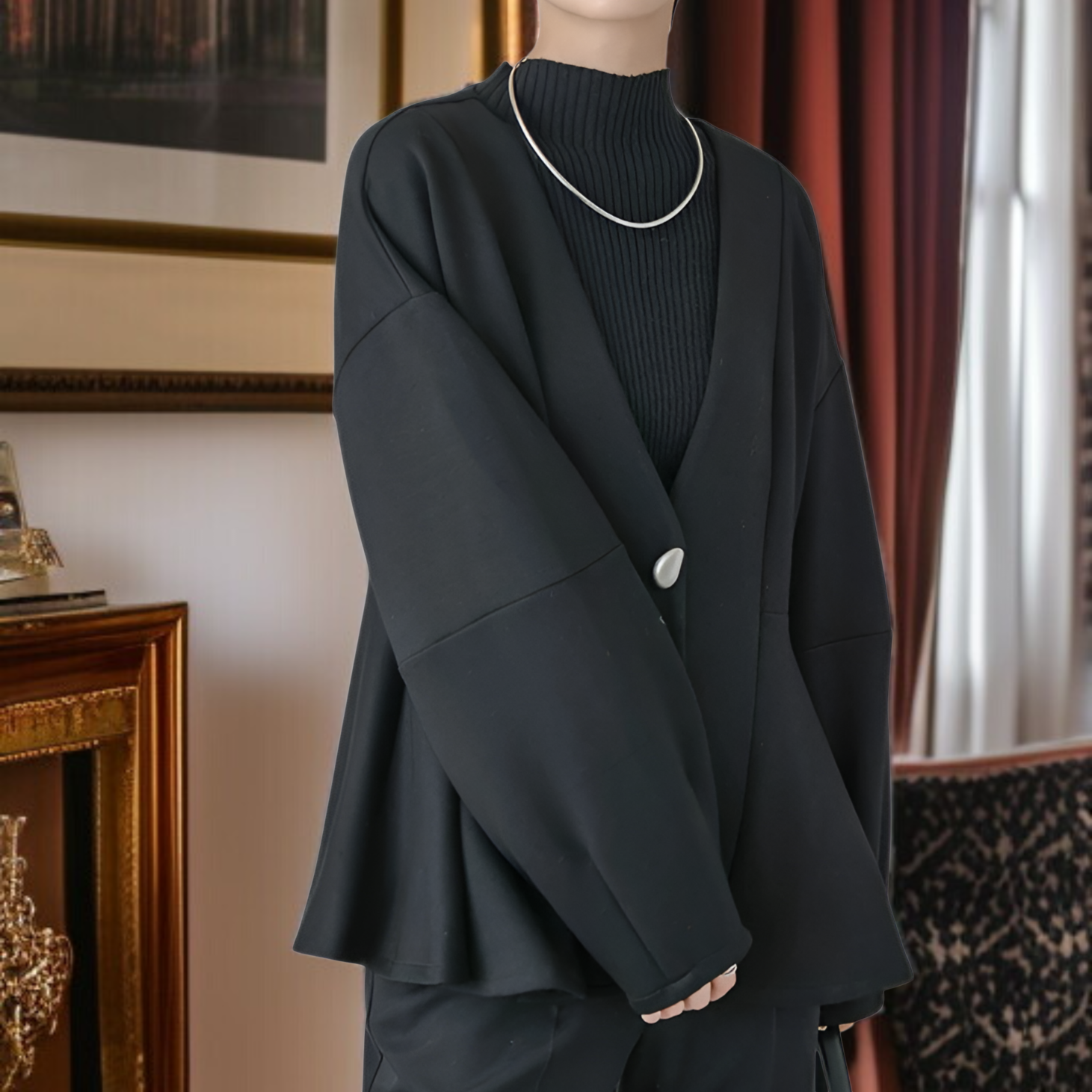 柔らかく快適なVネックフレアペプラムジャケット ハイウエスト細見せレディースブレザー