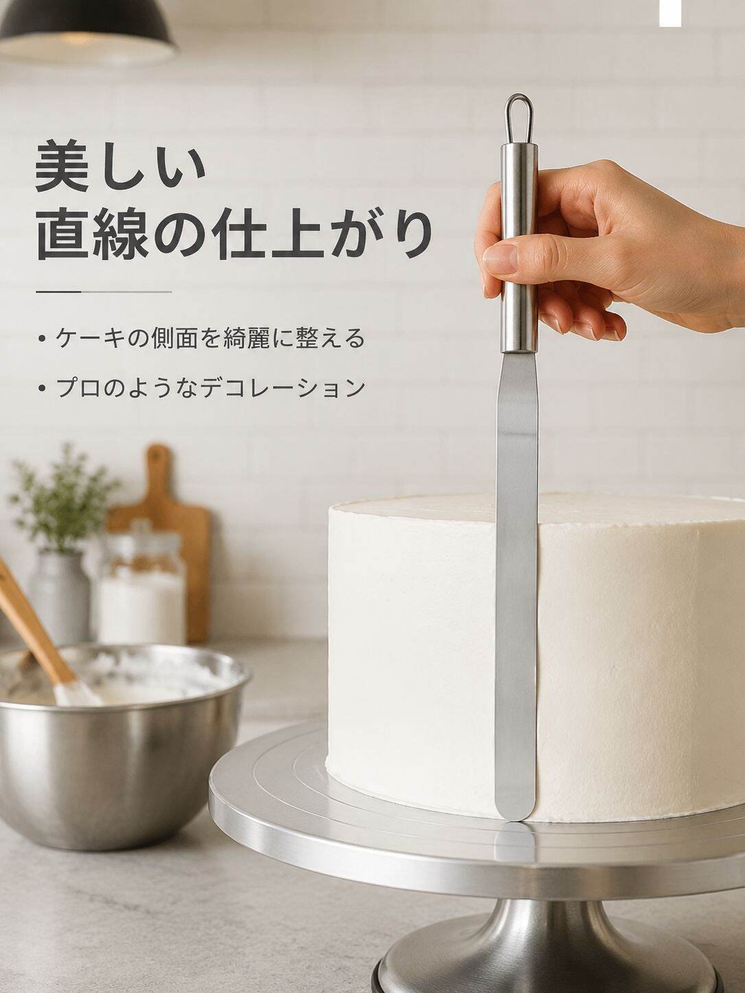 厚みのあるステンレス製のバタースパチュラ、ケーキデコレーションや表面を滑らかにするスクレーパー、直角のベーキングおよび型抜きツール。