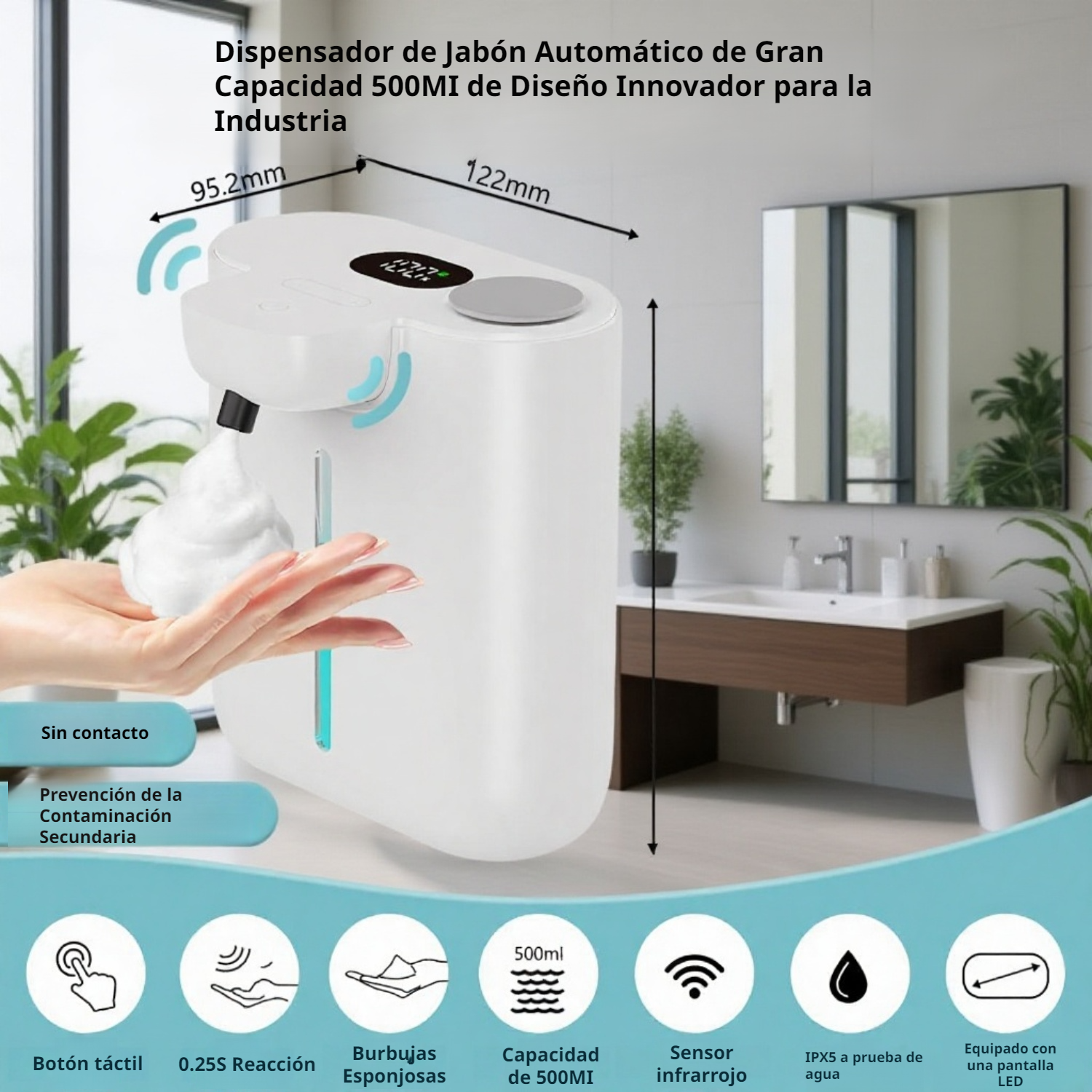  Dispensador de jabón compacto de pared, recargable, espuma ajustable