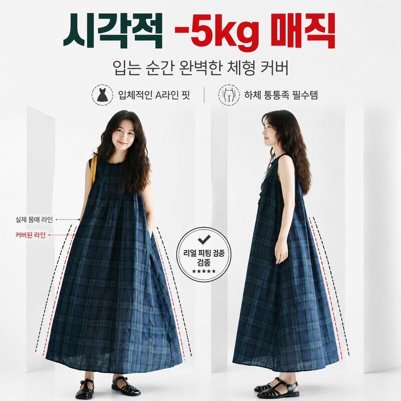 빅사이즈 체크 면마 프릴 민소매 드레스