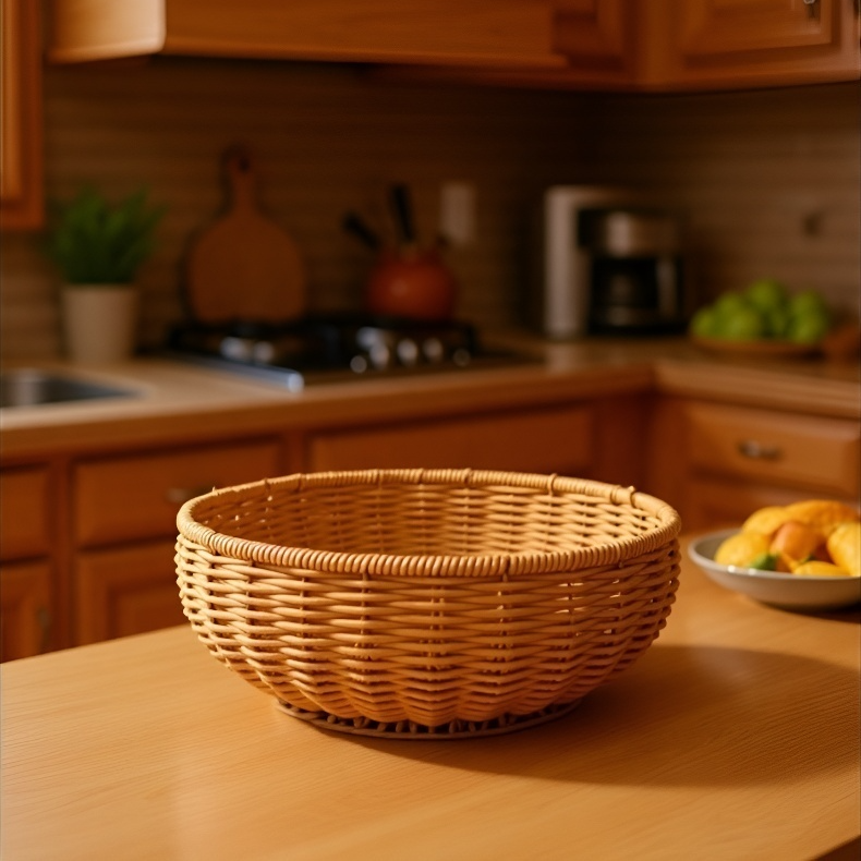 Natural rattan fruit and vegetable basket on kitchen counter