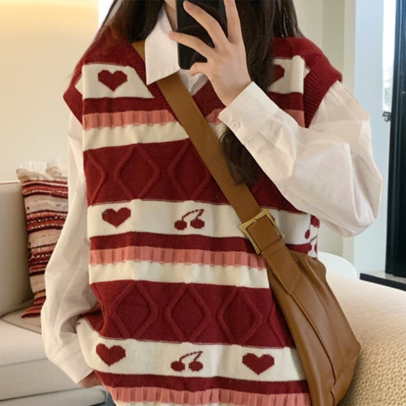 女子学生ニット・ジャンパー ストライプVネックセーター チェリー・ジャカード・クラッシング・セーター 女性学生ニットベストセーター