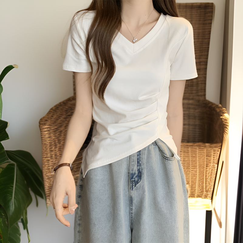 夏の新作ベーシックVネックウエストスリット綿半袖Tブラウス