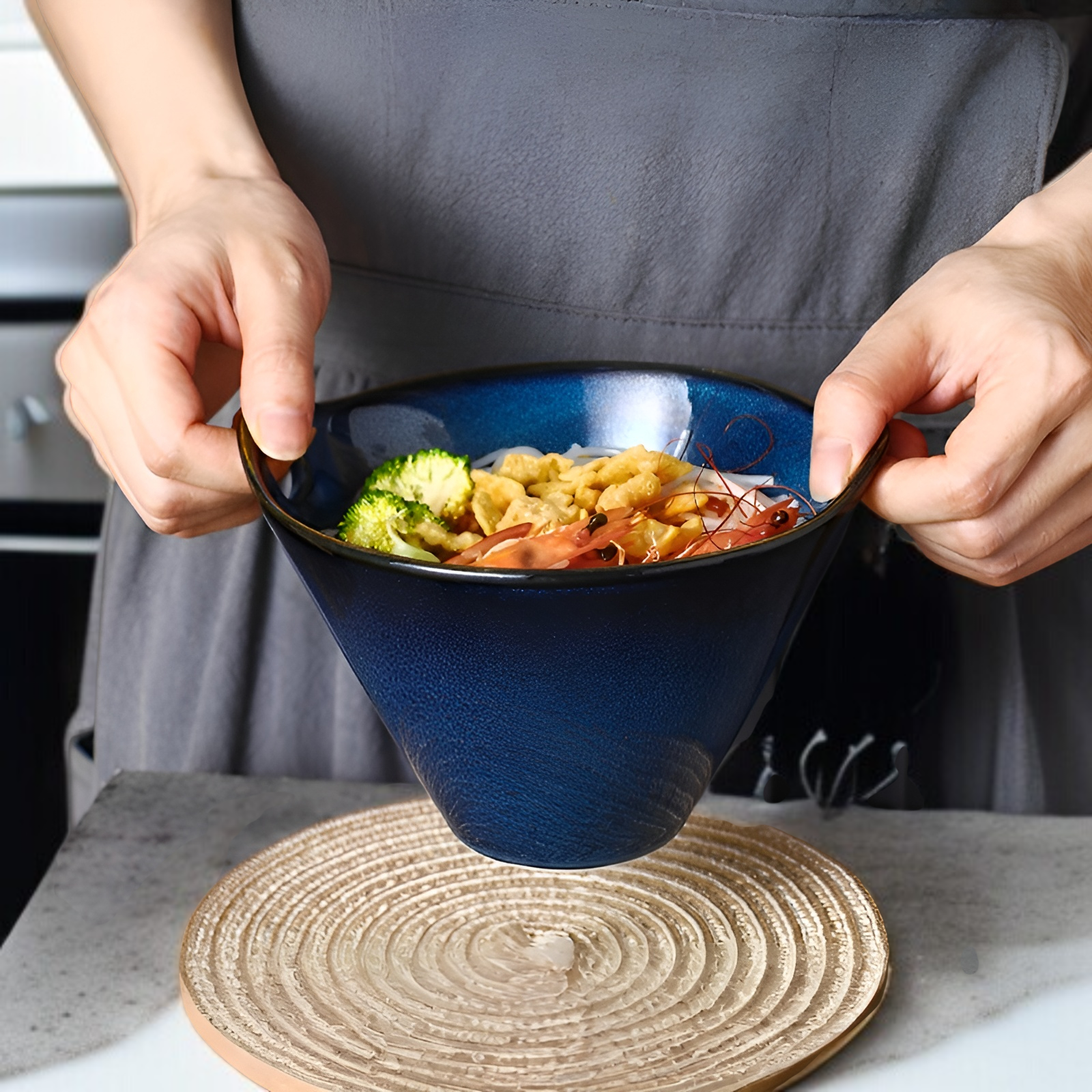 Japanese kiln noodle bowl ceramic hat bowl household ramen bowl double ear bowl creative tableware e